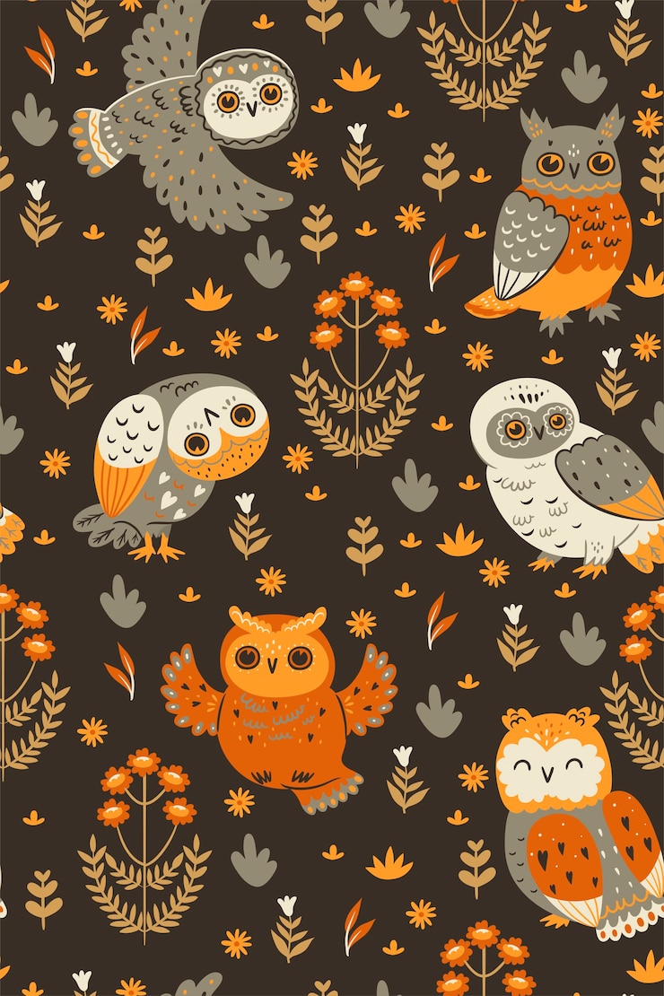 Vector seamless pattern with owls in brown colors. 