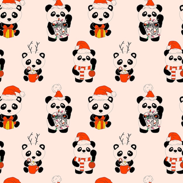 seamless pattern with panda with decoration christmas
