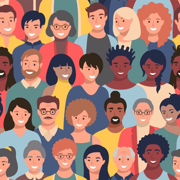 Vector seamless pattern with people faces of different ethnicity and ages.