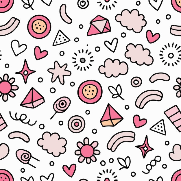 Seamless pattern with pink and black hand drawn doodle elements on white background