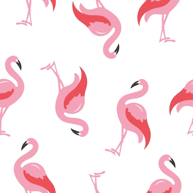 Seamless pattern with pink flamingo in white