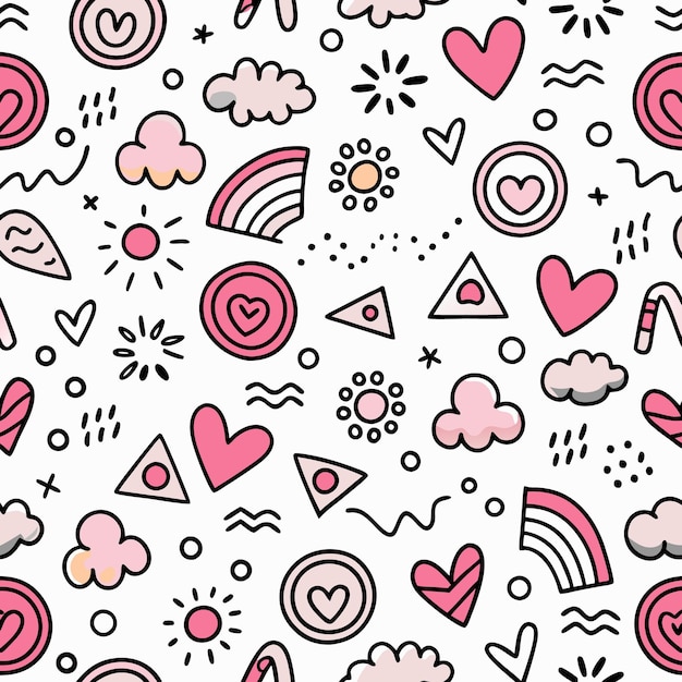Seamless pattern with pink hearts clouds suns rainbows and geometric shapes