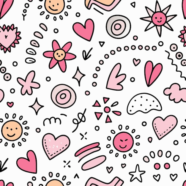 Seamless pattern with pink hearts flowers stars and suns