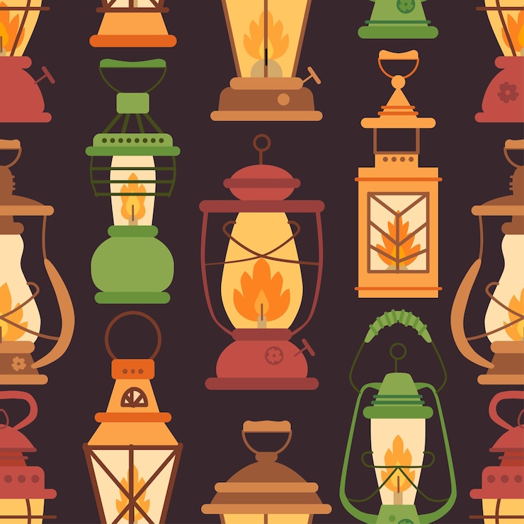 Vector seamless pattern with retro oil camping lantern