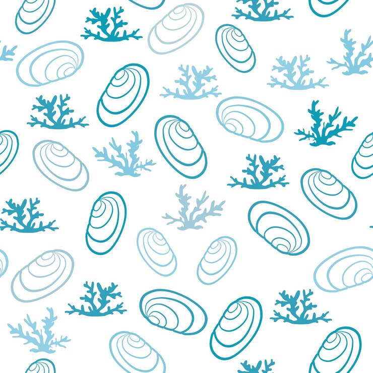 Vector seamless pattern with seashells corals marine background vector illustration in doodle style