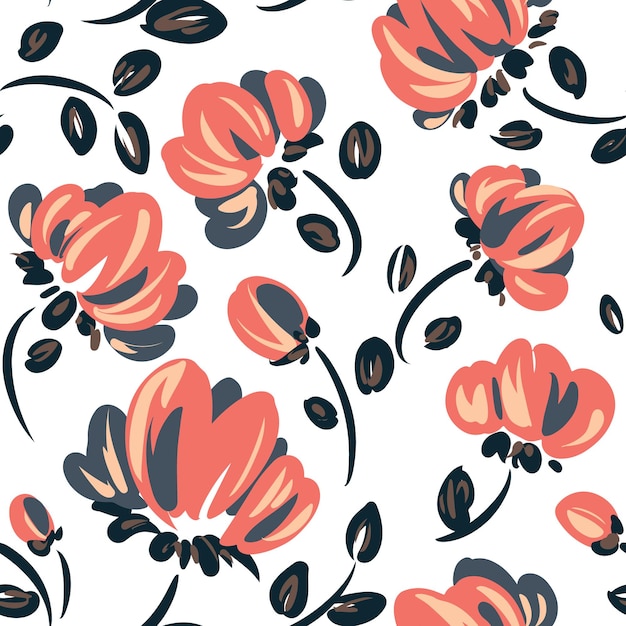 Seamless pattern with small artistic flowers on a white background Romantic floral print with pink flowers and dark leaves Vintage design for print Vector illustration