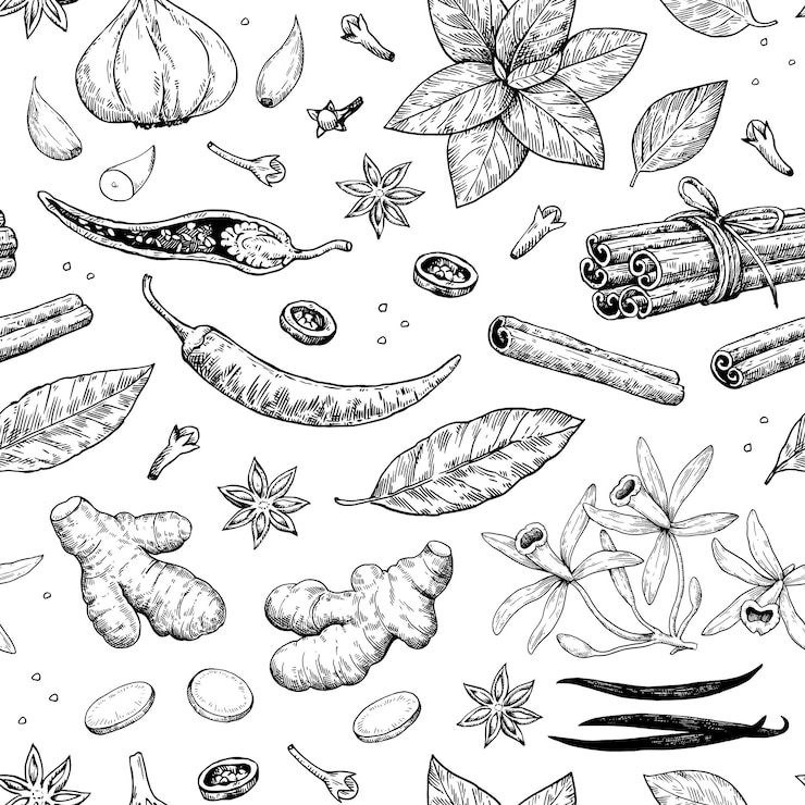Vector seamless pattern with spices and aromatic plants handdrawn detailed vector illustration