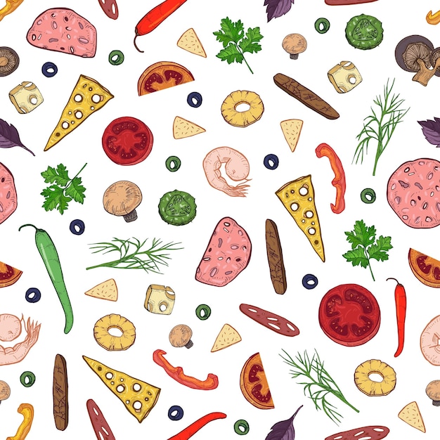 Seamless pattern with tasty ingredients or toppings for Italian pizza