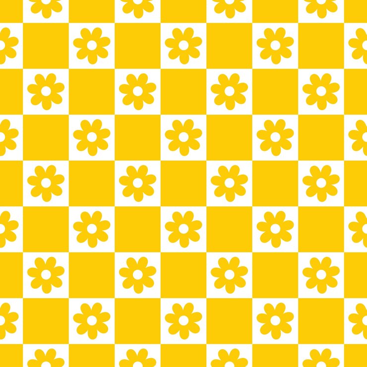Seamless pattern with yellow squares and flowers