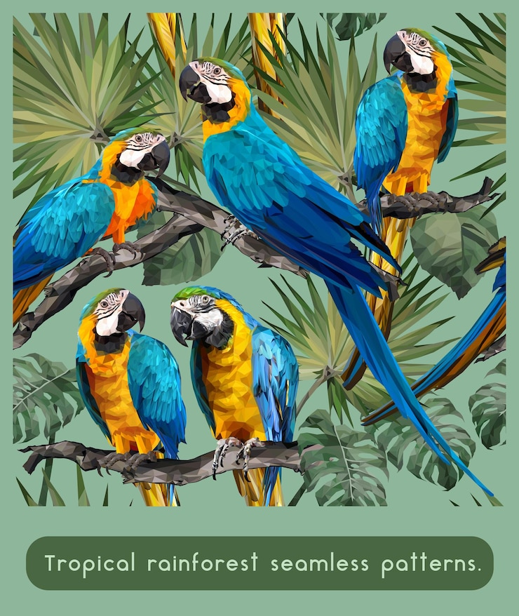 Vector seamless patterns of amazon tropical rainforest and colorful macaw birds.