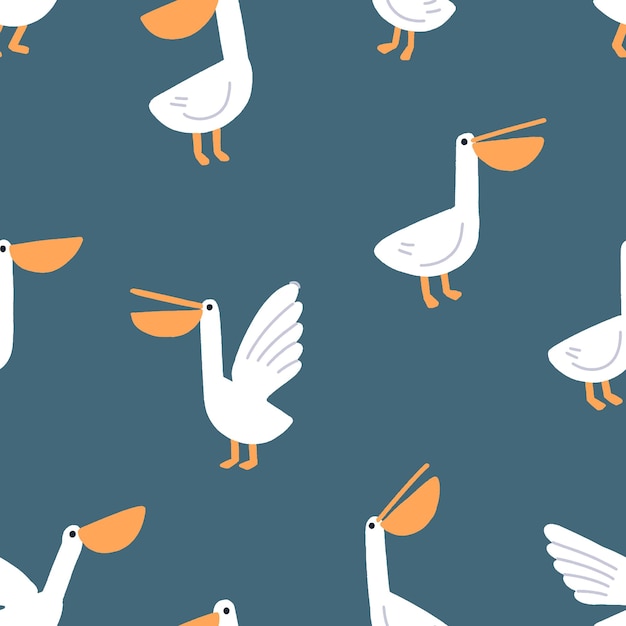 Seamless pelicans pattern Cute funny tropical birds repeating print Endless animal background texture design for textile fabric wrapping wallpaper and decoration Flat vector illustration