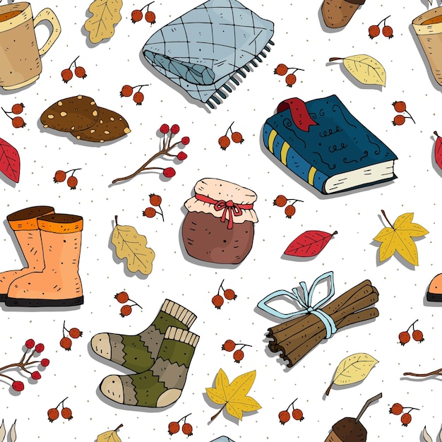 Seamless seasonal autumn vector pattern with theme elements