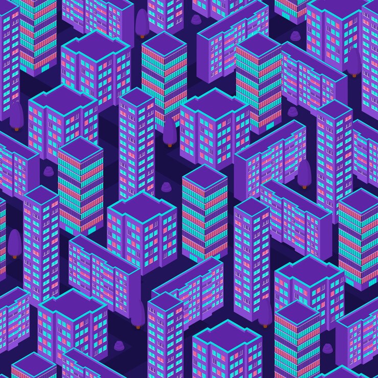 Vector seamless urban pattern. isometric view. purple neon colors. night city lights. modern trendy background design. vector illustration.
