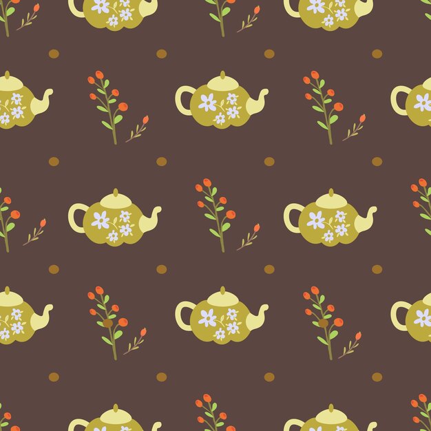 Seamless vector autumnal food pattern with khaki floral tea pots among floral branches on brown