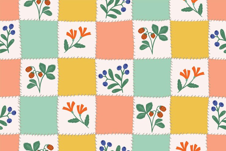 Seamless vector Cheater quilt patchwork berries and flowers vector seamless pattern pastel checks