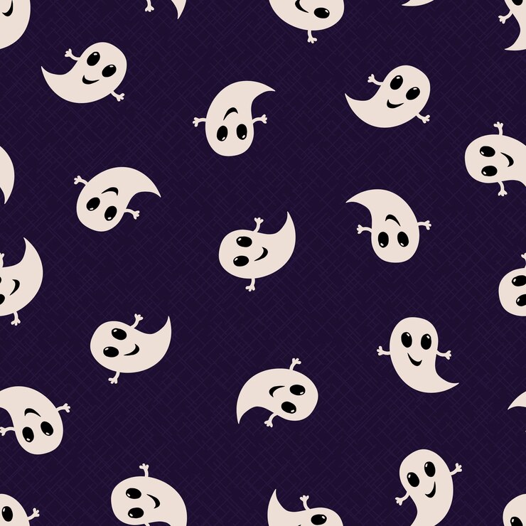 Seamless vector pattern halloween cream white cute ghosts on dark purple boo textile scrapbook