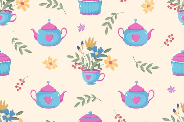Seamless vector pattern of Teapot and cup with summer field flowers and berries Seasonal background