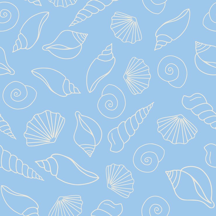 Seamless vector pattern White seashell outlines tossed on bright blue background textile wallpaper