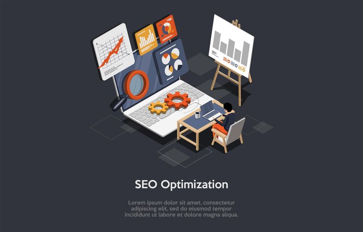 Vector search engine rank seo optimization seo digital marketing concept seo marketing and analytics online ranking result man expert seo typing text on laptop isometric 3d cartoon vector illustration