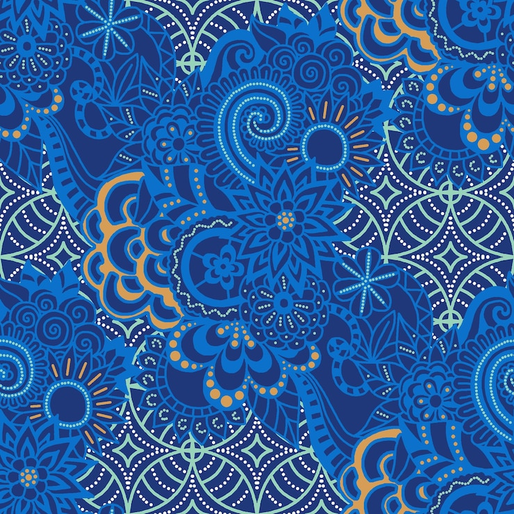Vector sebuah desain floral berwarna biru dan oranye ditampilkan pada latar belakang biru