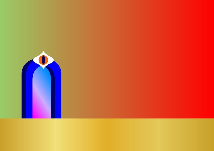 Vector sebuah gambar berwarna-warni dari sebuah bangunan dengan latar belakang biru dan merah