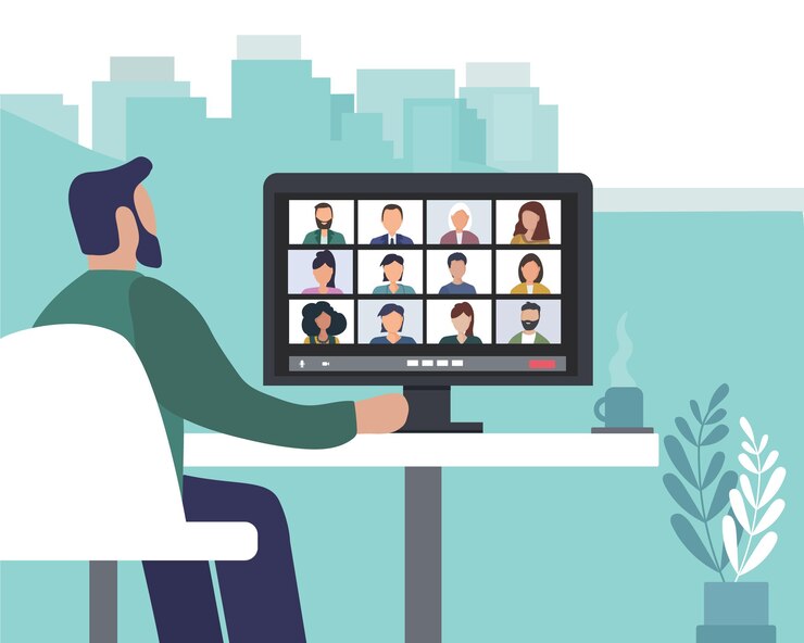 Vector sebuah konferensi video kolega yang bekerja bersama menghubungkan orang-orang dalam aplikasi dan pesan