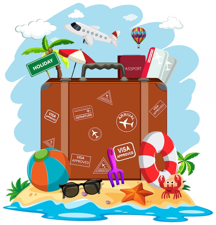 Vector sebuah koper di pantai musim panas