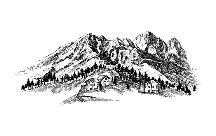 Sebuah sketsa lanskap gunung dengan rumah dan pepohonan.