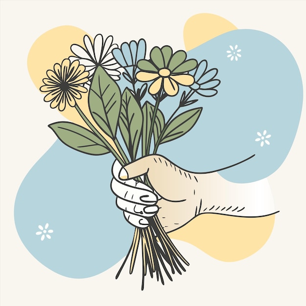Sebuah tangan memegang karangan bunga yang bertuliskan "flowers"