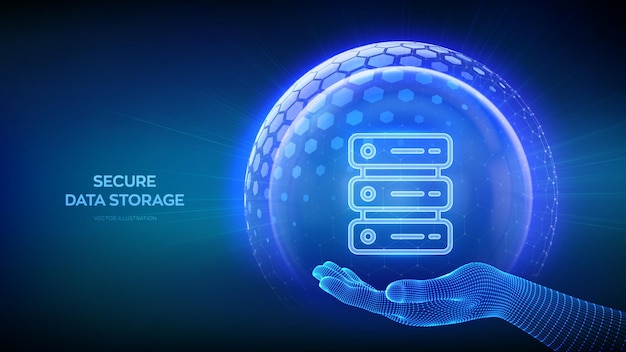 Secure Data Storage Server and database storage security Data center protection Server icon inside transparent protection sphere shield with hexagon pattern in wireframe hand Vector illustration