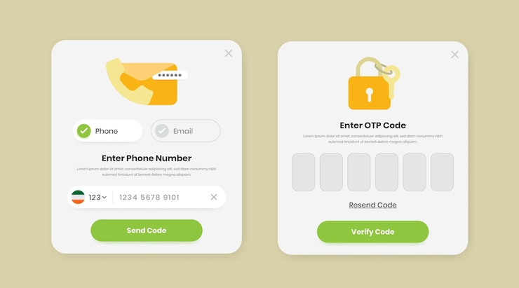 Secure login phone and email OTP verification popup ui element kit design with illustration