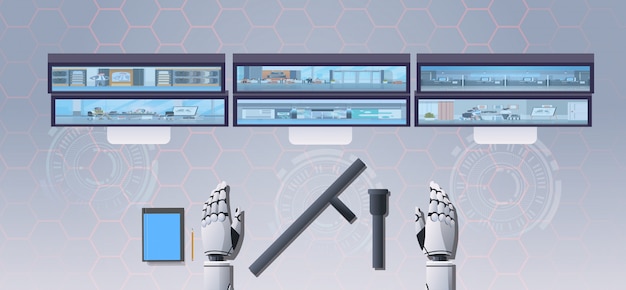 security guard bot at workplace with monitor screen robot