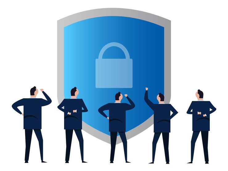 Vector security padlock protection safety shield symbol of privacy businessmen people discuss manage