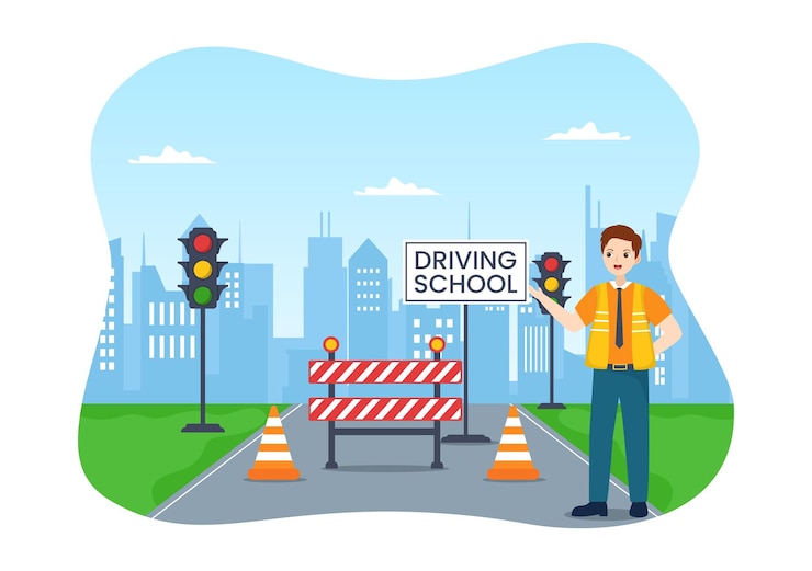 Vector sekolah mengemudi dengan proses pendidikan pembelajaran mobil untuk mendapatkan surat izin mengemudi dalam ilustrasi