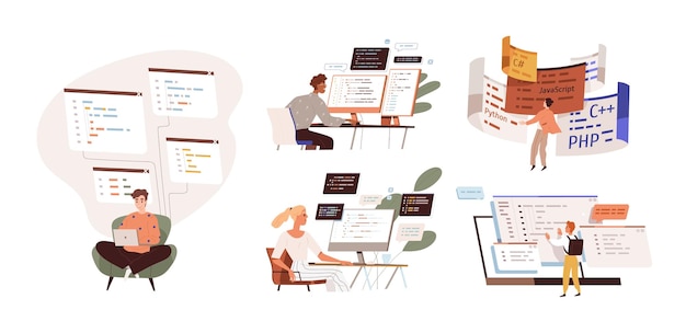 Sekumpulan programmer yang mengerjakan pengembangan web di komputer. Konsep pengkodean skrip dan pemrograman dalam php, python, javascript, bahasa lain. Pengembang perangkat lunak. Ilustrasi kartun vektor datar.