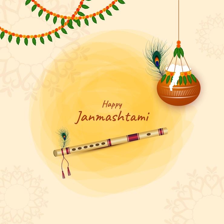 Selamat festival janmashtami latar belakang yang indah dengan matki dan bansuri