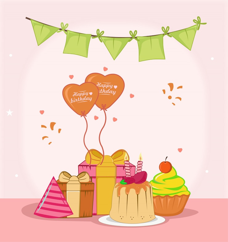 Vector selamat ulang tahun dengan puding, hadiah, balon, dan dekorasi bendera desain datar