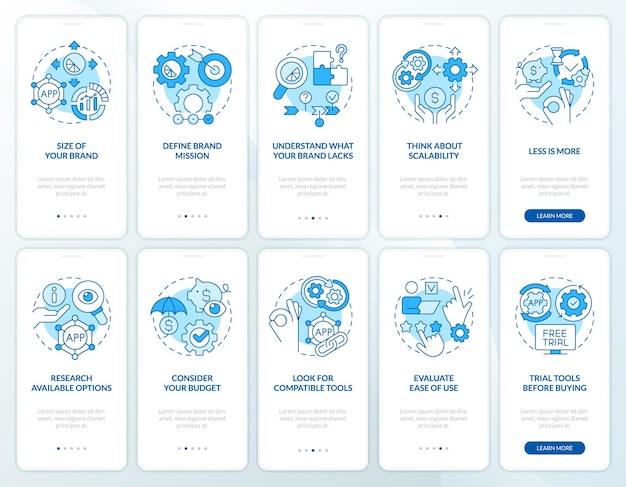 selection company tools advices blue onboarding mobile app screen set