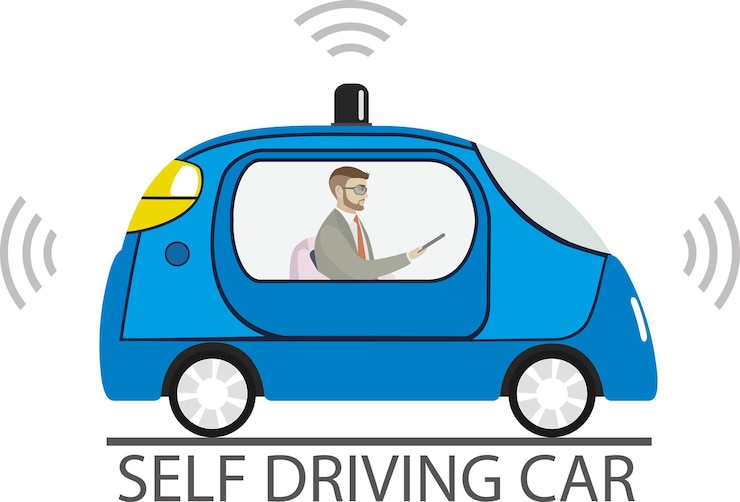 Vector self driving car with male passenger, cartoon autonomous blue auto isolated on white background,vector illustration