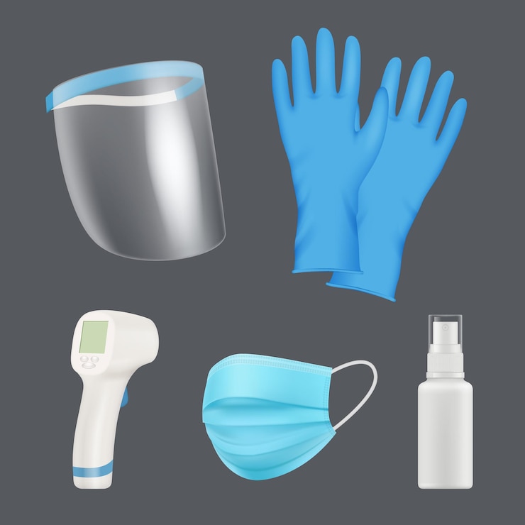 Vector self protection equipment. realistic medical tools face shield mask thermometer coronavirus preventative vector elements. protect personal equipment, surgical gloves and protective mask illustration