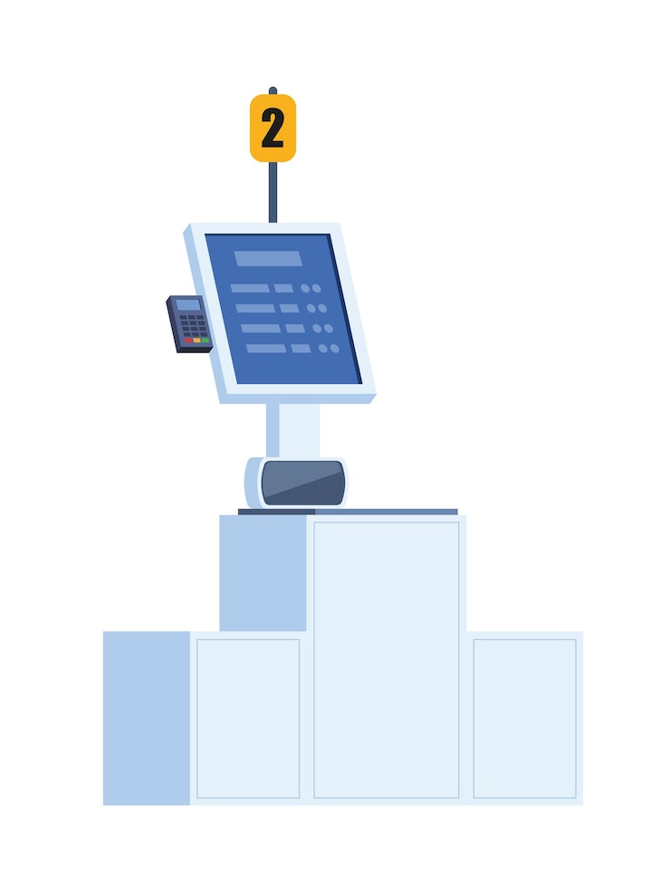 Vector selfservice cashier or terminal point with selfservice checkout in the supermarket