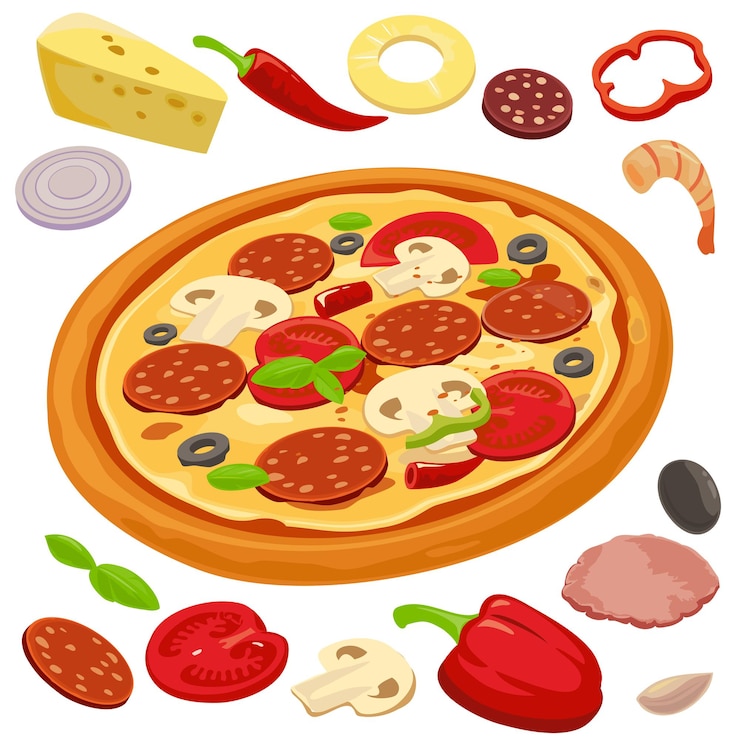 Vector seluruh pizza dan bahan-bahan untuk pizza ilustrasi gaya datar vektor terisolasi