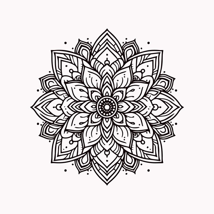 Vector seni garis putih, mandala digambar tangan, gambar bunga lotus