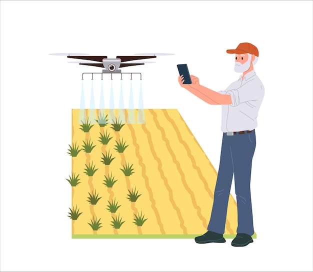 senior farmer character managing automated smart agricultural process of spraying field with drone