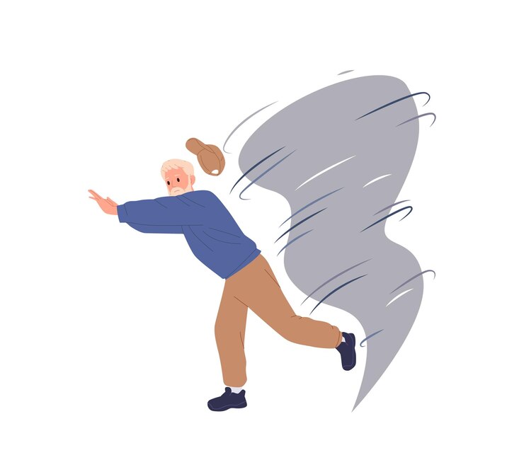 Vector senior man cartoon character running away from dangerous tornado natural disaster isolated on white