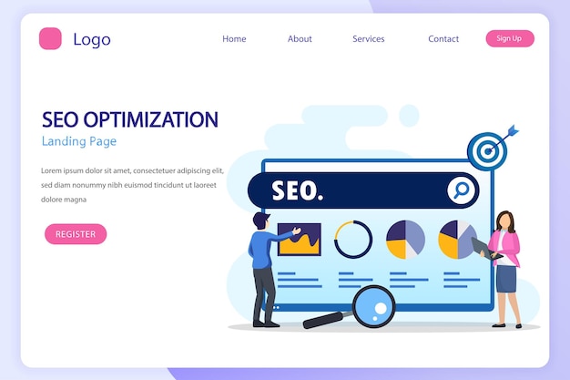 seo optimization concept website development entrepreneur business web data analyst illustration with icons and character flat vector template style suitable for web landing pages