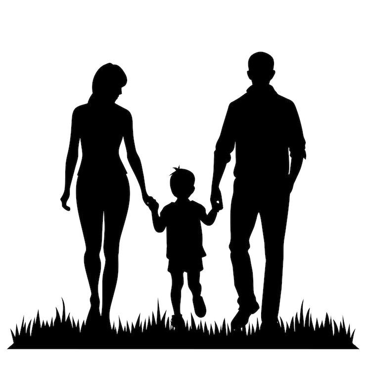 Seorang ayah, ibu, dan anak berjalan di atas rumput menikmati momen keluarga bahagia
