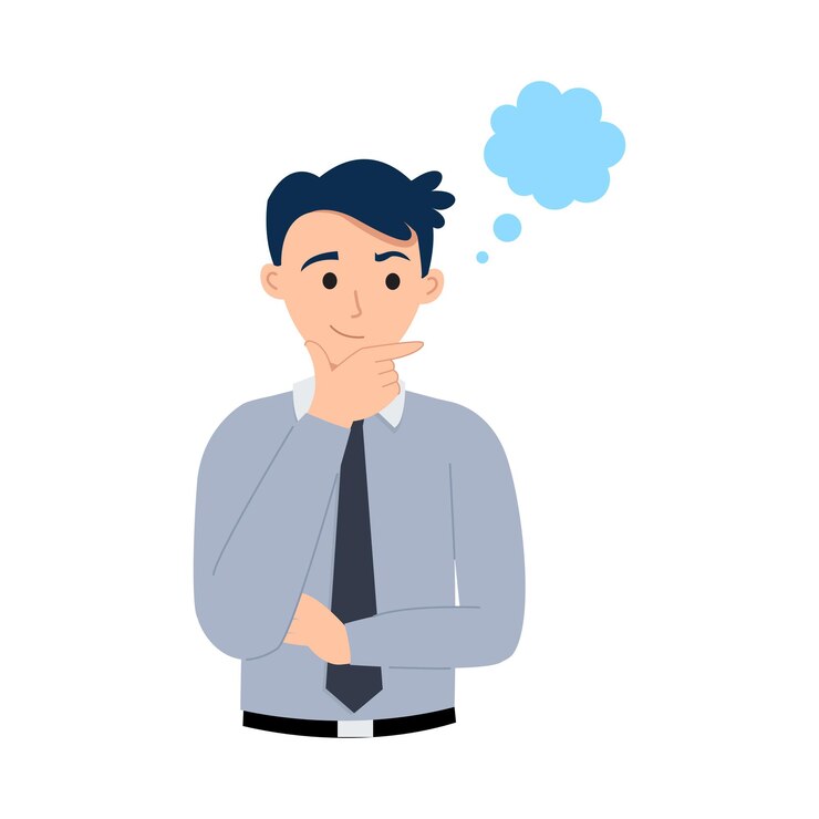 Vector seorang pebisnis memegangi dagunya dan memikirkan sebuah ide dengan senyum percaya diri gaya kartun vektor datar