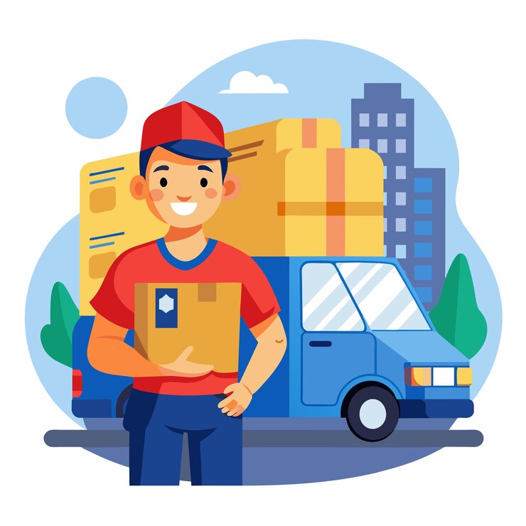 Vector seorang pria berdiri di depan mobil van biru sambil memegang sebuah kotak