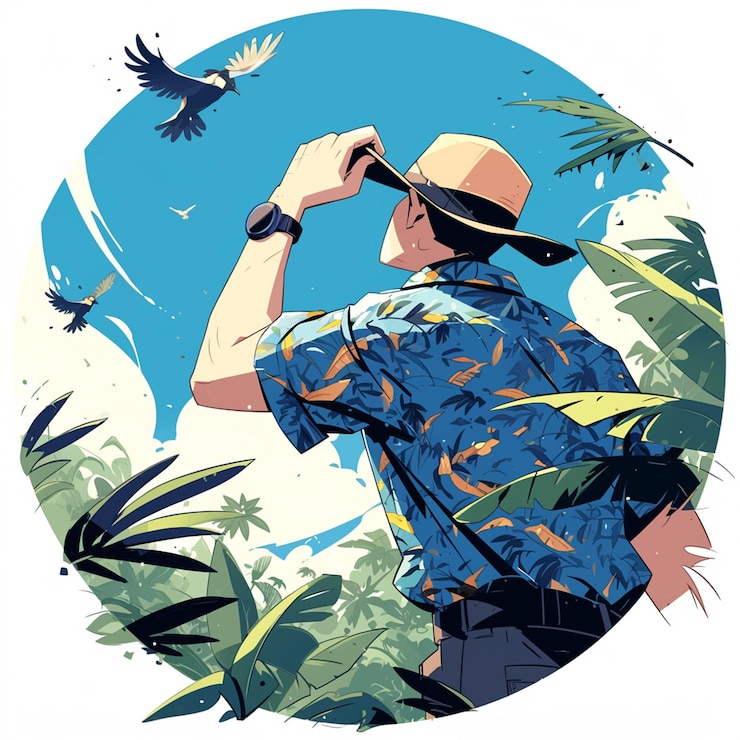 Vector seorang pria di kepulauan cocos keeling sedang mengamati burung